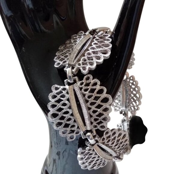 Vintage CORO Silver Tone Bracelet Filigree Wide Band - Picture 1 of 11